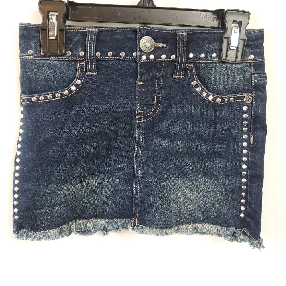 Justice Girls Dark Blue Wash Sz 6 Denim Skirt Snap Waist Studded & Fray Hem